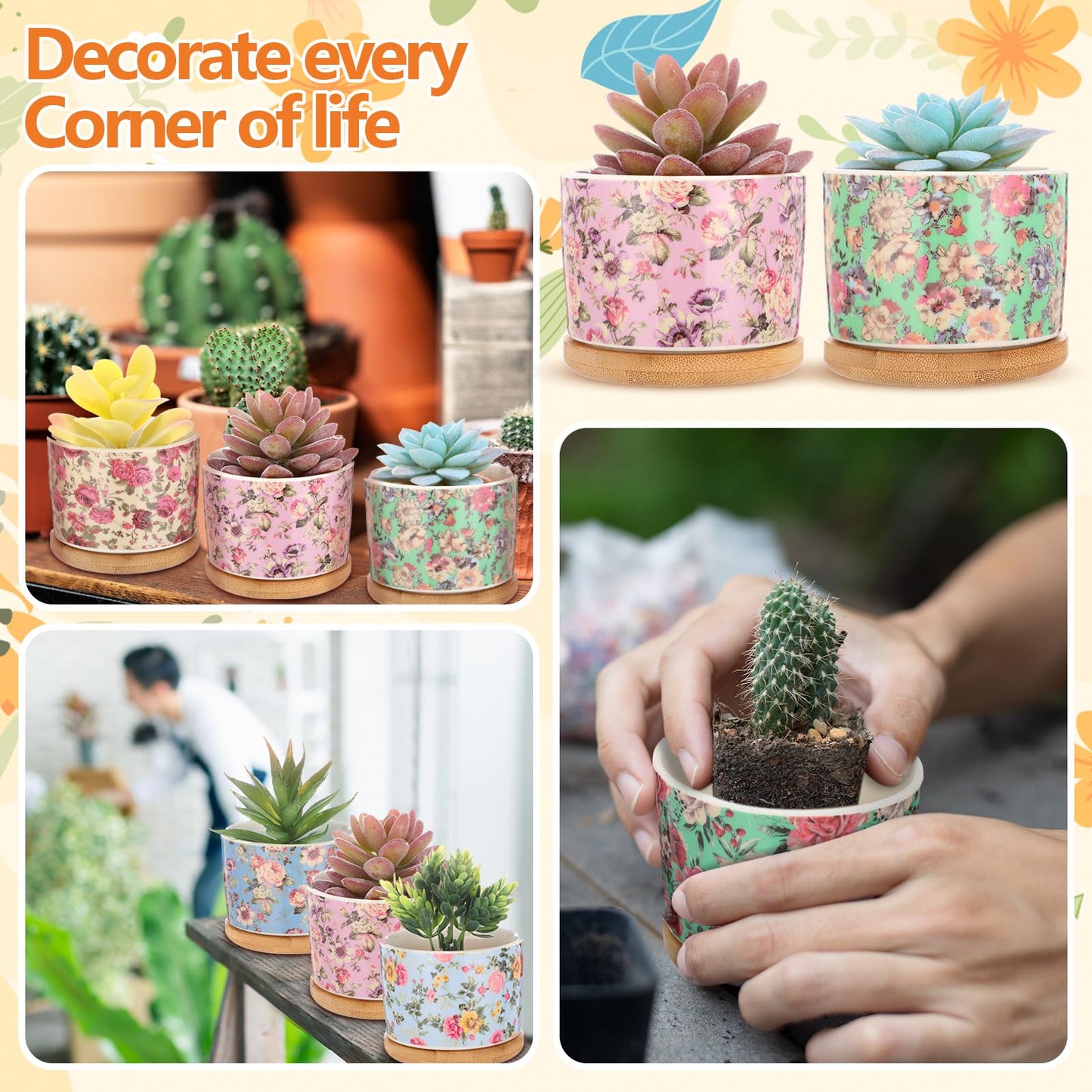 Threehoney 12 Pack 3.14 Inch Ceramic Succulent Plant Pots Mini Flower Cylinder Pots with Drainage Hole and Bamboo Trays for Small Plants Flowers Cactus Home Office Decor(Chinoiserie)