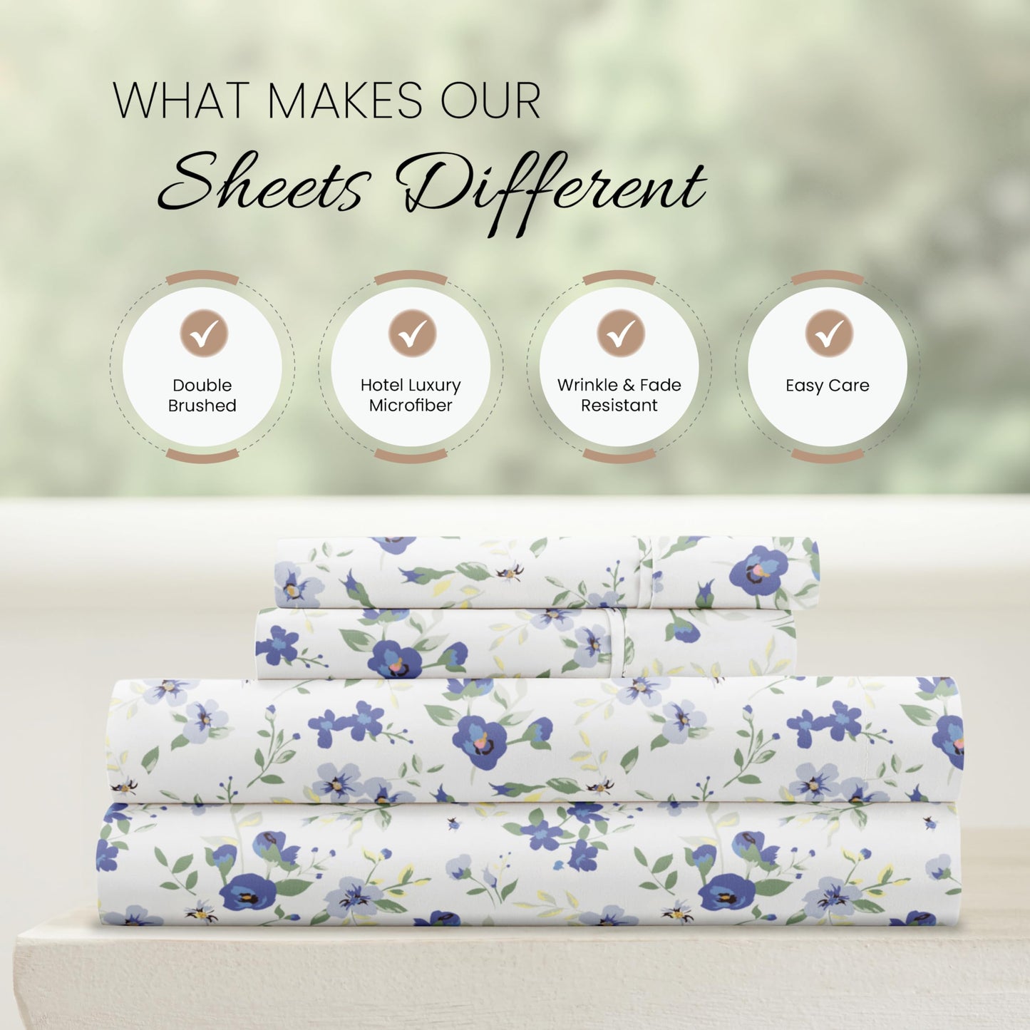 Linen Market Patterned Microfiber Full Sheet Set 4 Piece – Oeko-TEX Certified Ultra Soft & Wrinkle-Free - 16" Deep Pocket Sheets - Easy Care Full Size - Blossoms Light Blue