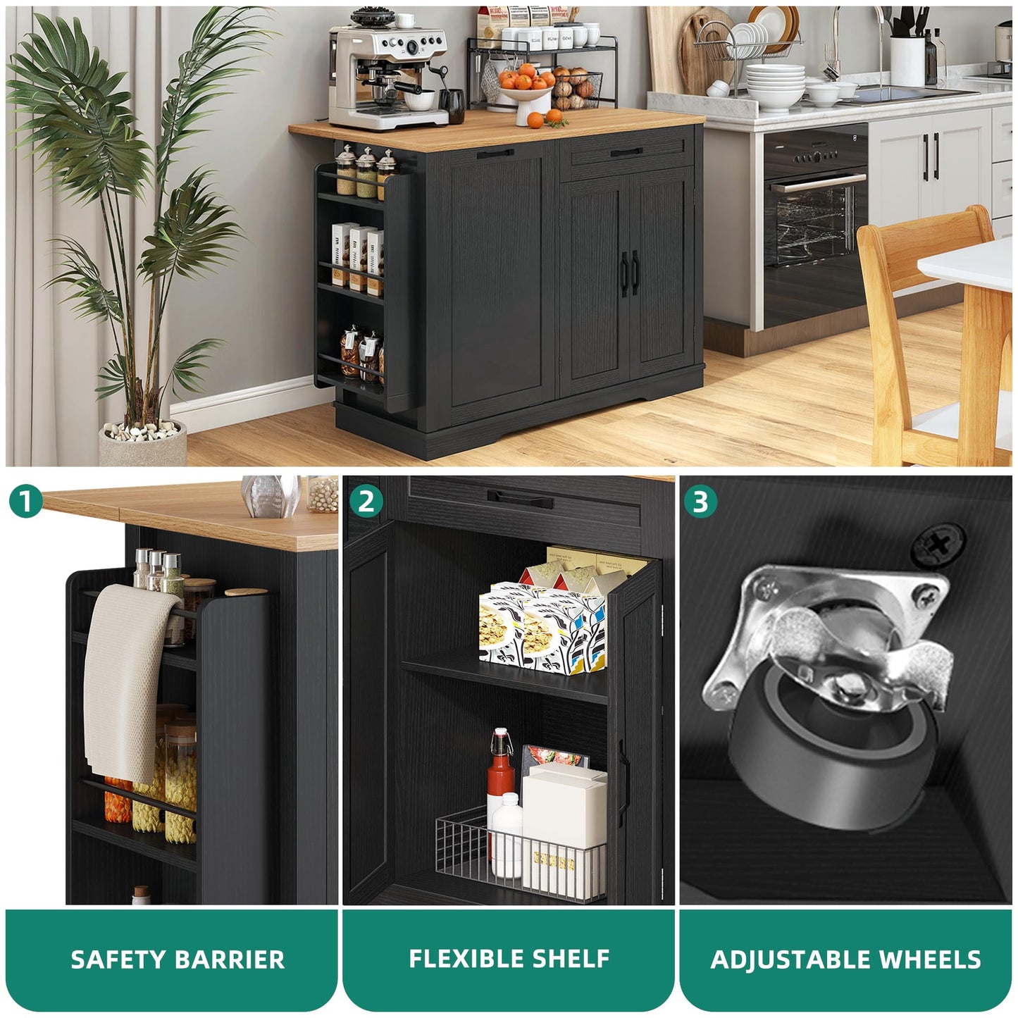 YITAHOME 50 Inch Rolling Kitchen Island with Trash Can Storage, Portable Mobile Islands Table with Drop Leaf, Floating Kitchen Butcher Block Cart on Wheels, Fits 13 Gallon Garbage Bin, Black