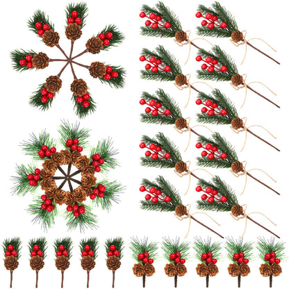 34Pcs Artificial Christmas Floral Picks, Red Berry Picks with Pinecones and Pine Branches, Fake Berries Pine Cone Berry Stems Set for Wreath, Garland, Vase, Tree, Holiday Home Winter Decorations