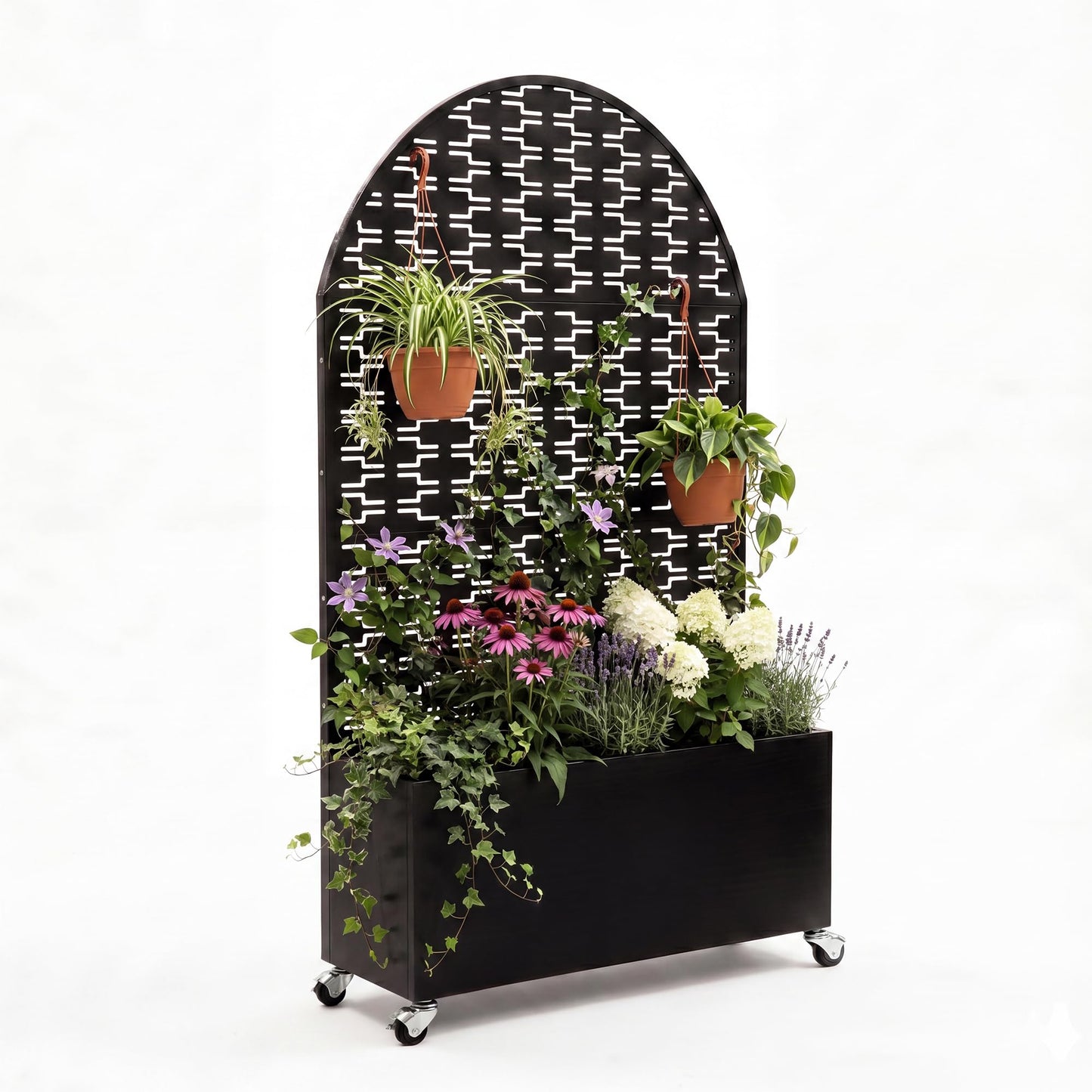 Veemuaro Metal Planter Box with Trellis, 70" H × 46" L Freestanding Outdoor Raised Garden Bed with Privacy Screen, Wheels and Drainage Holes, Arched Privacy Screen Planter Box for Backyard and Garden