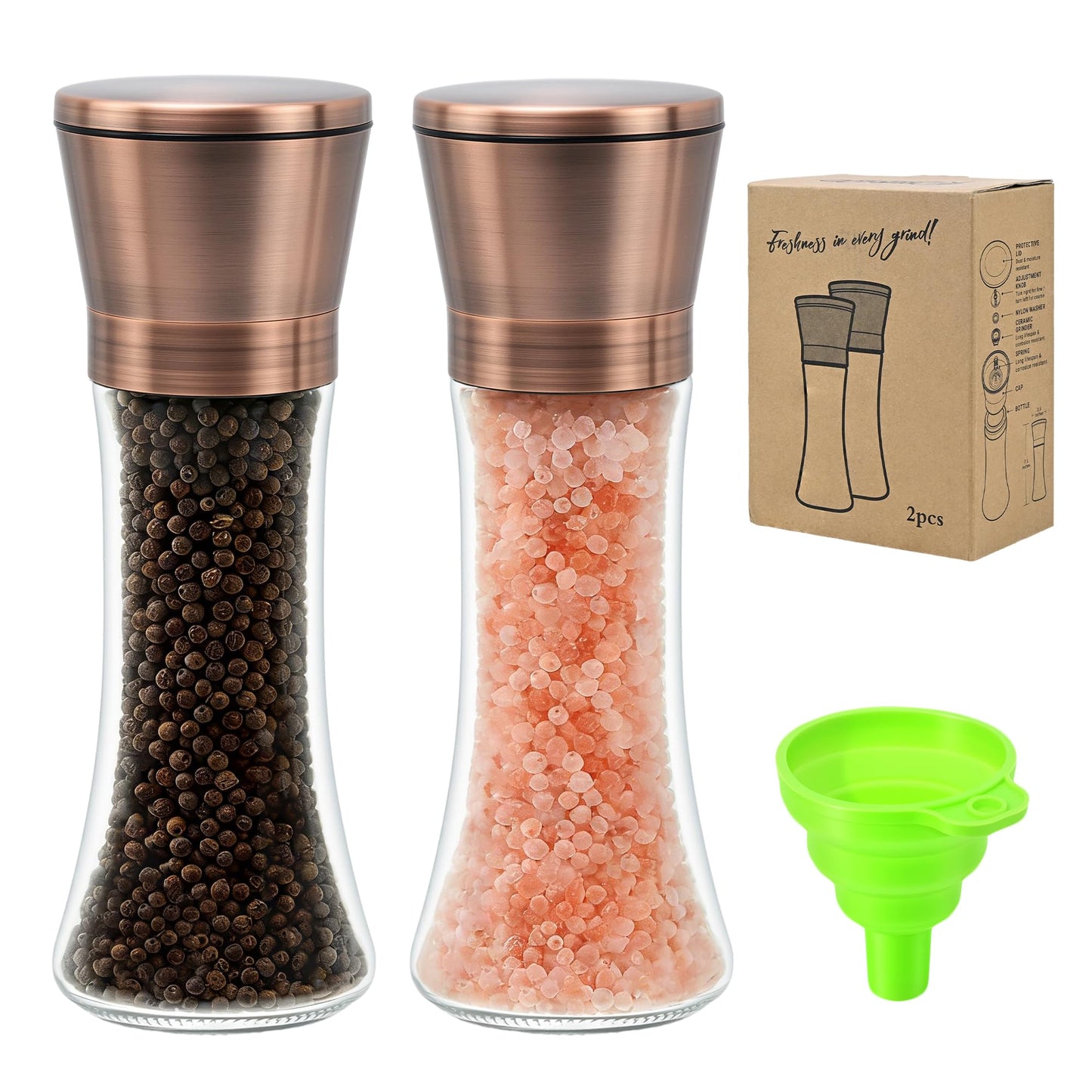 R DRURLCD Copper Salt and Pepper Grinder Set of 2，Refillable Adjustable Coarseness Stainless Steel, Pepper Mills W/Funnel for Kitchen