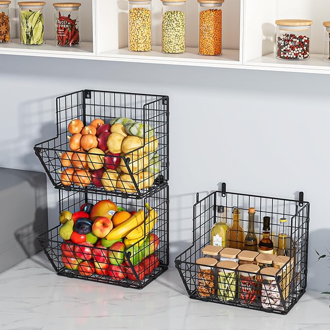 X-cosrack Metal Wire Basket Wall Mount, 3 Tier Wall Storage Organizer