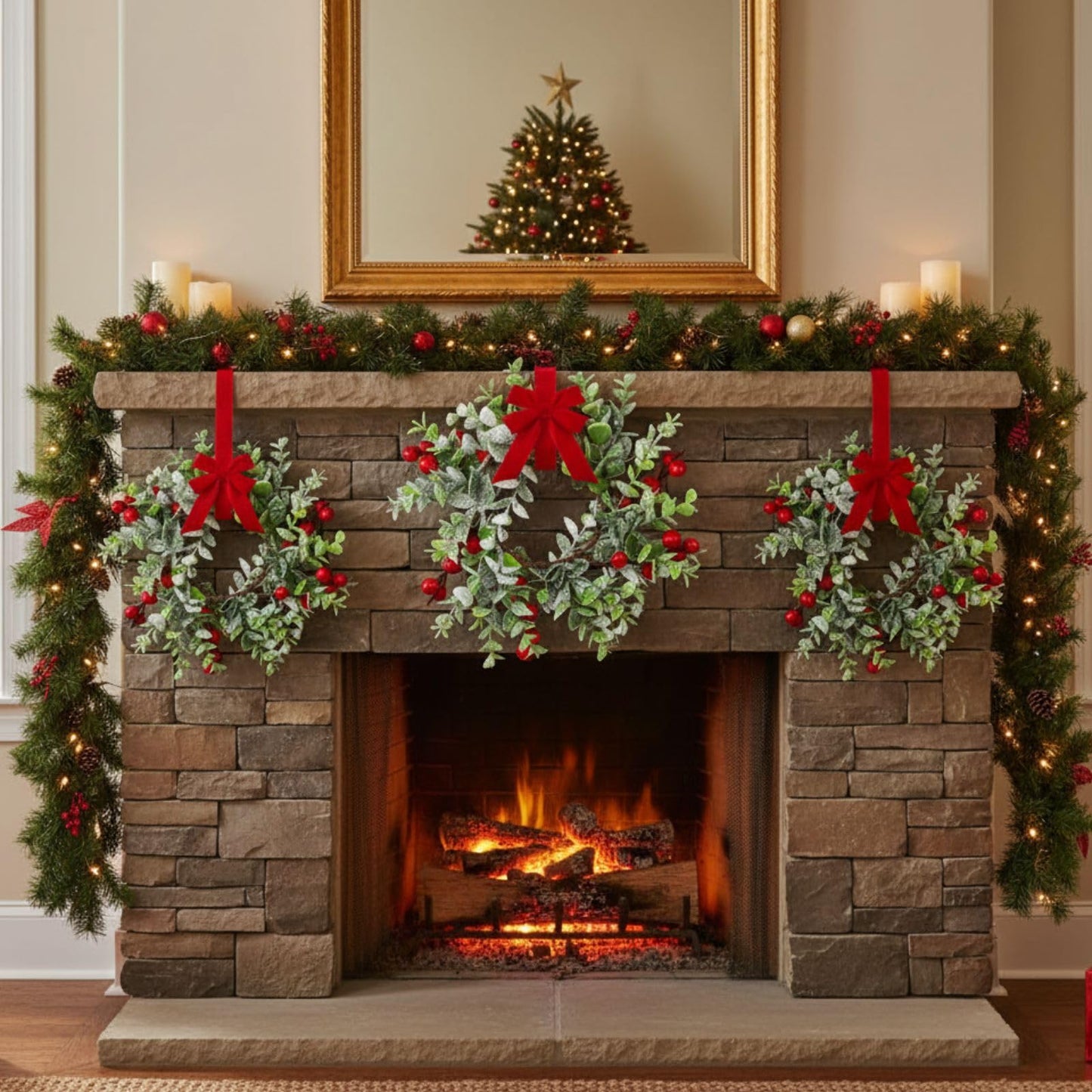 WILLBOND 4 Pieces 9.5" Mini Christmas Wreaths for Kitchen Cabinet Small Christmas Candle Rings Red Berries Wreath Pillar Candle Rings Xmas Hanging Garlands for Front Door Fireplace Window Decor
