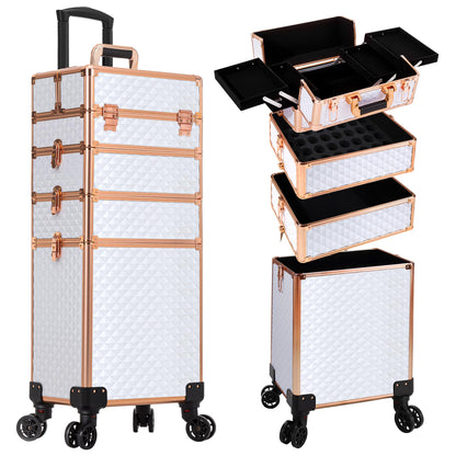 AROUS Rolling Makeup Train Case 4 in 1 Cosmetology Case on Wheels Large Storage Cosmetic Trolley with Key Salon Barber Case Traveling Cart Trunk,White