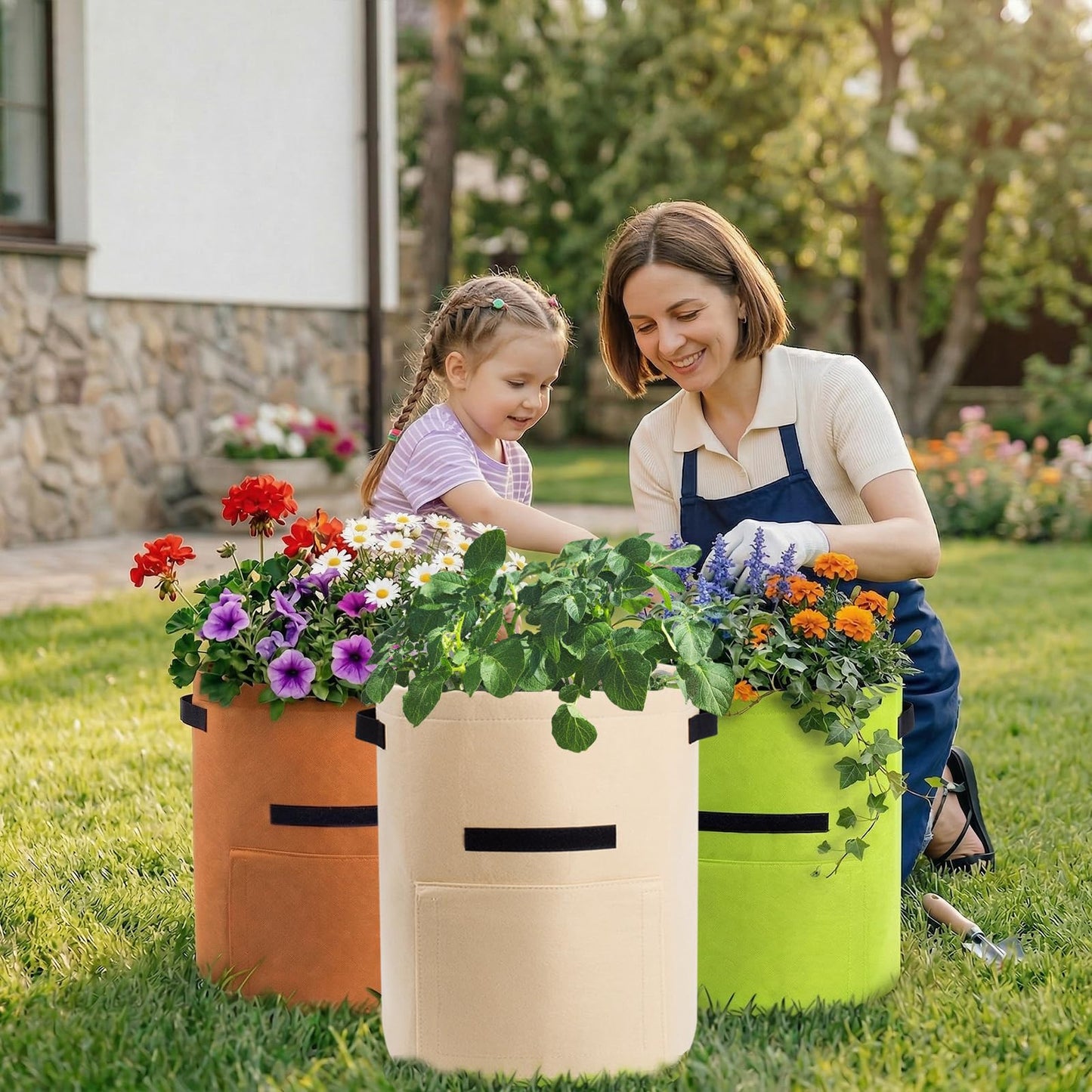 Homyhoo 4 Pack Potato Growing Bag with Flap 10 Gallon Planter Pots with Handles and Harvest Window for Potato Tomato and Vegetables, Black Green Orange and Beige