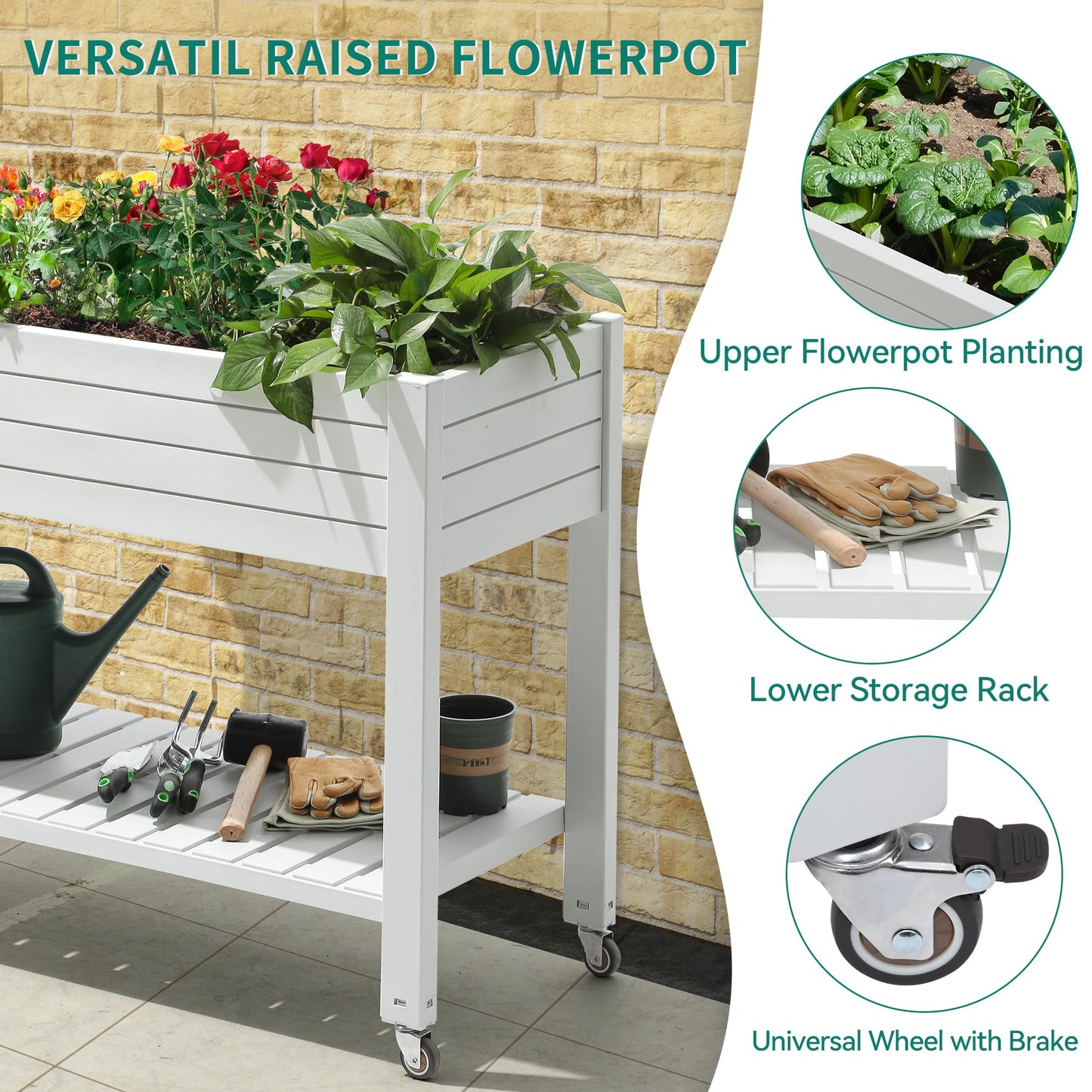 YITAHOME Raised Garden Bed Outdoor 43.3x17.7x34 in Raised Planter Box with Legs, Drain Plug and Storage Shelf, Elevated Planter Box for Plants Vegetables Flowers Herbs, White