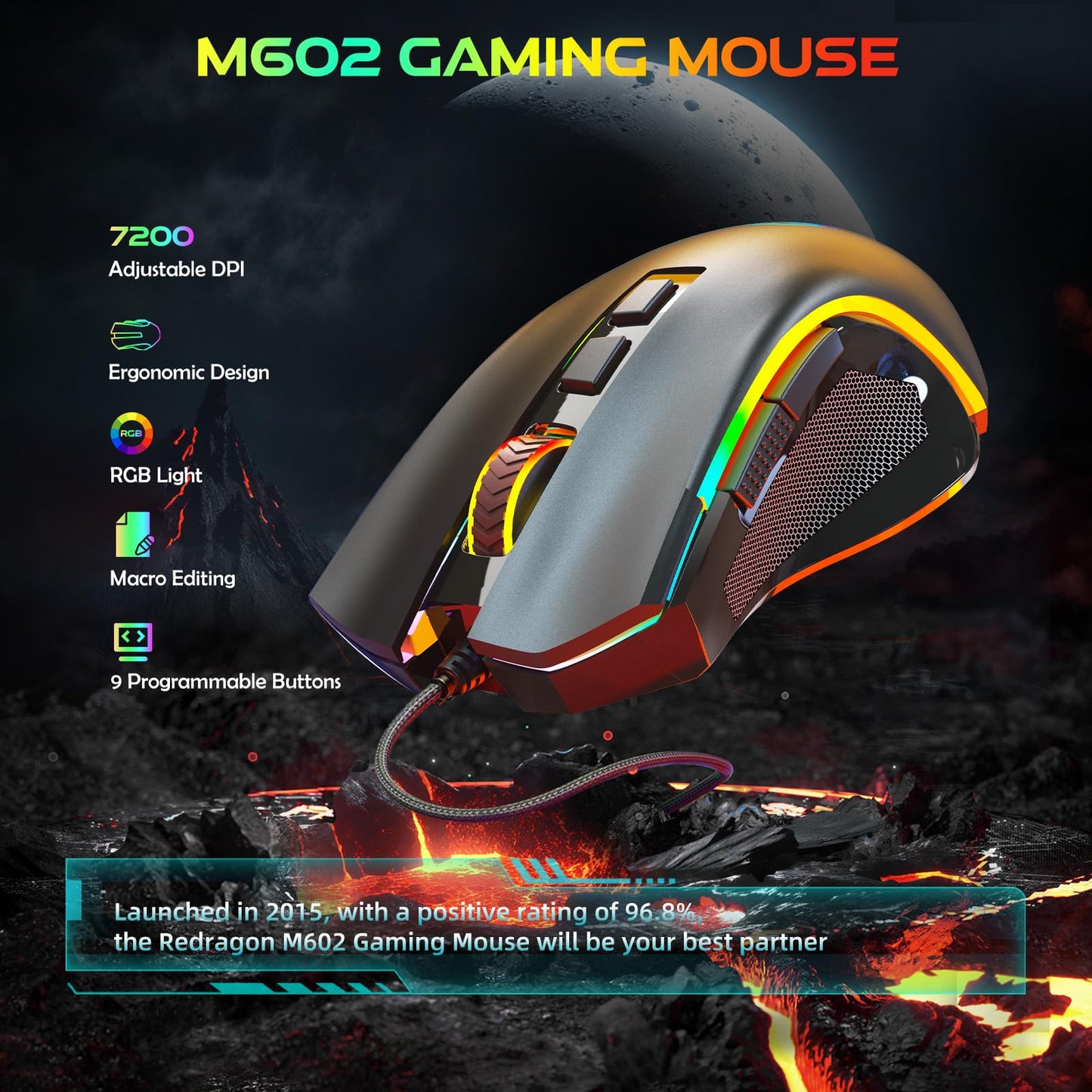 Redragon M602 Griffin RGB Gaming Mouse, RGB Spectrum Backlit Ergonomic Mouse with 7 Programmable Backlight Modes up to 8000 DPI for Windows PC Gamers (Black, Wireless)