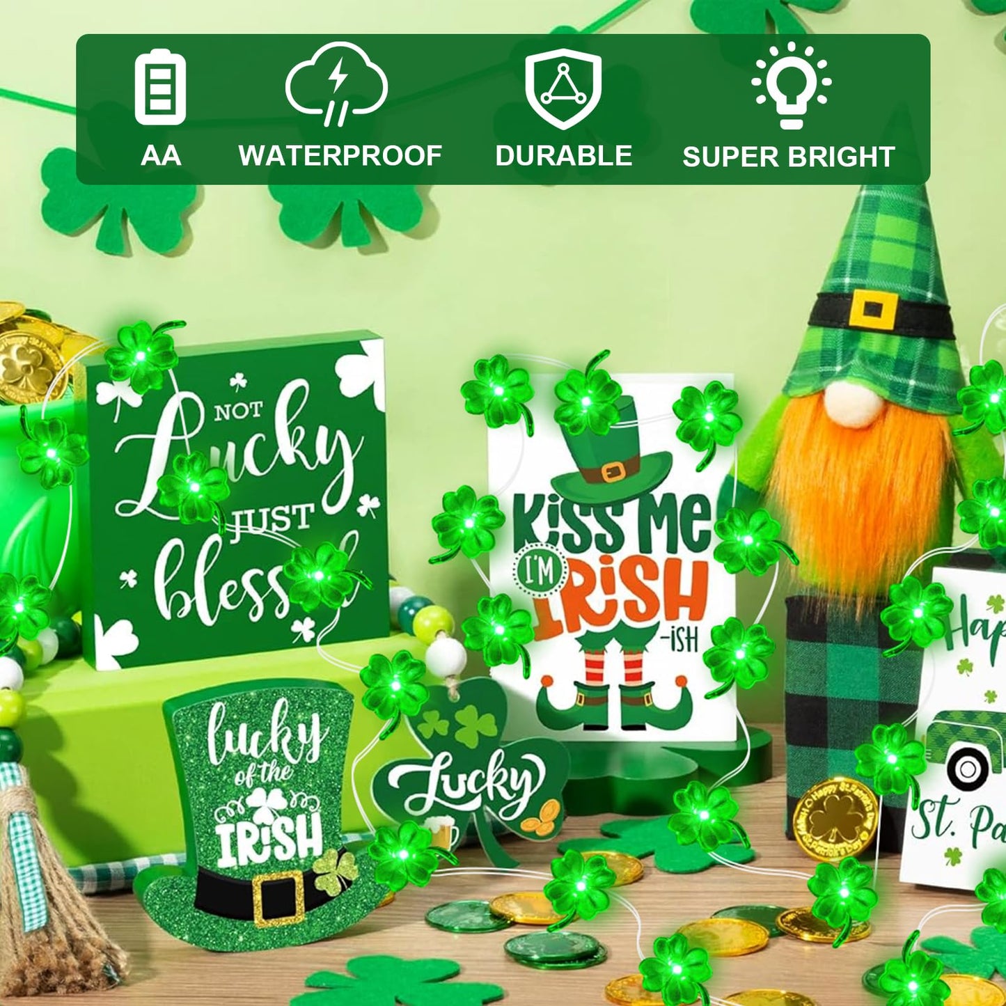 Aogist Super Bright 50LED Shamrock String Lights - 16ft St Patrick's Day 3D Clover Fairy Lights Battery Operated for Indoor/Outdoor Irish Party, Wedding, Holiday Green Decor - 2 Pack