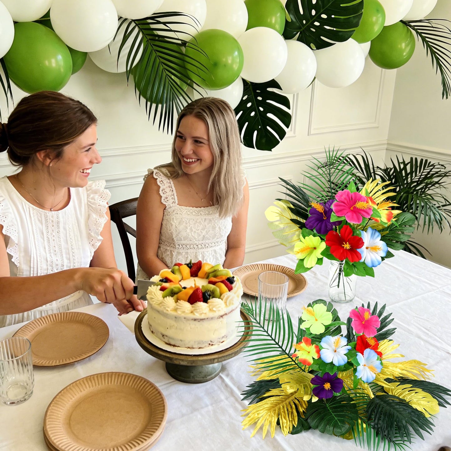 Fovths 6 Pack Hawaiian Flower Centerpieces with Mason Jars Artificial Hibiscus Bouquet Monstera Palm Leaves Tropical Mason Jars Centerpieces for Table, Luau, Jungle, Beach Party Decorations