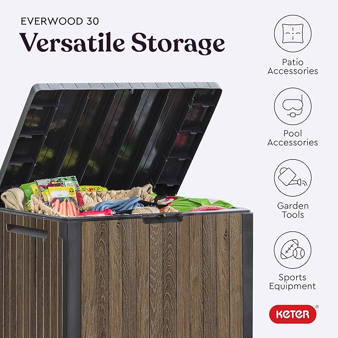 Keter Signature Everwood 30 Gallon Resin Deck Box for Outdoor Storage – Weather‑Resistant Balcony & Patio Box for Cushions, Throw Pillows & Garden Tools, Walnut