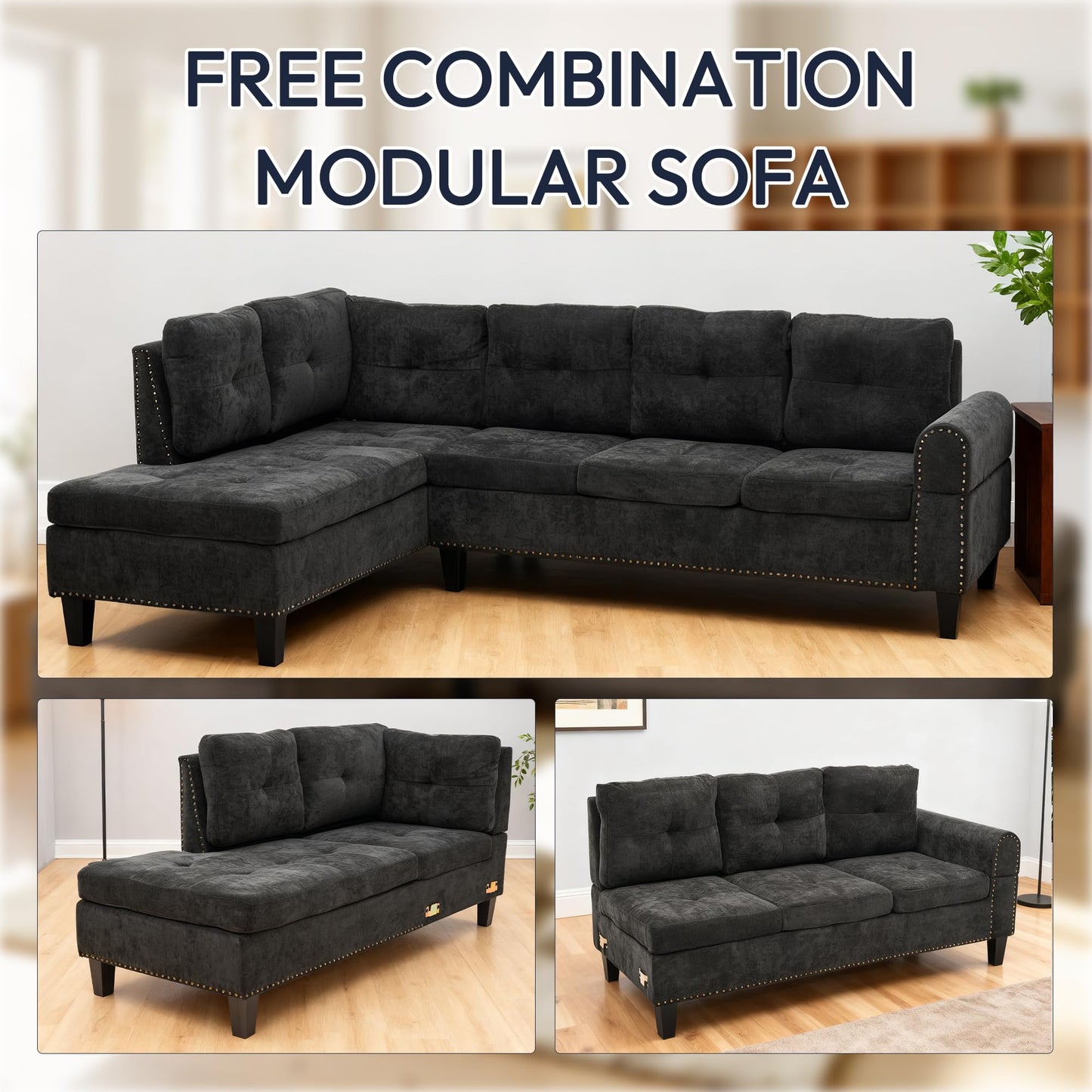 Trygoal Modular Sectional Sofa with Cup Holders, L Shaped Sectional Couch with Chaise and Adjustable Backrest, Modern Linen Fabric Couch for Living Room, Apartment, Small Space, Dark Gray