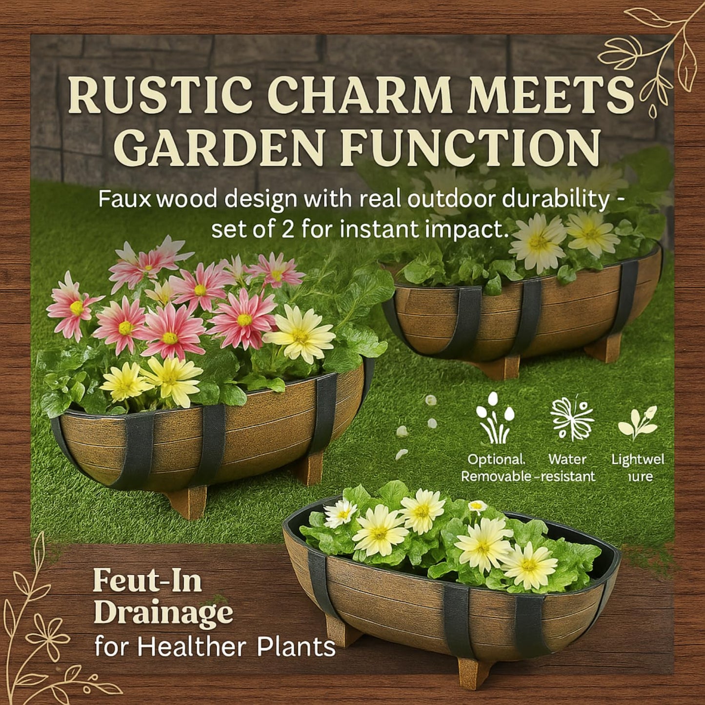 Rustic Half Barrel Planters – Set of 2, Faux Wood Outdoor Flower Pots with Drainage Hole & Feet, Weather-Resistant Polypropylene Garden Containers, 16.25" x 7.5" x 11.75"