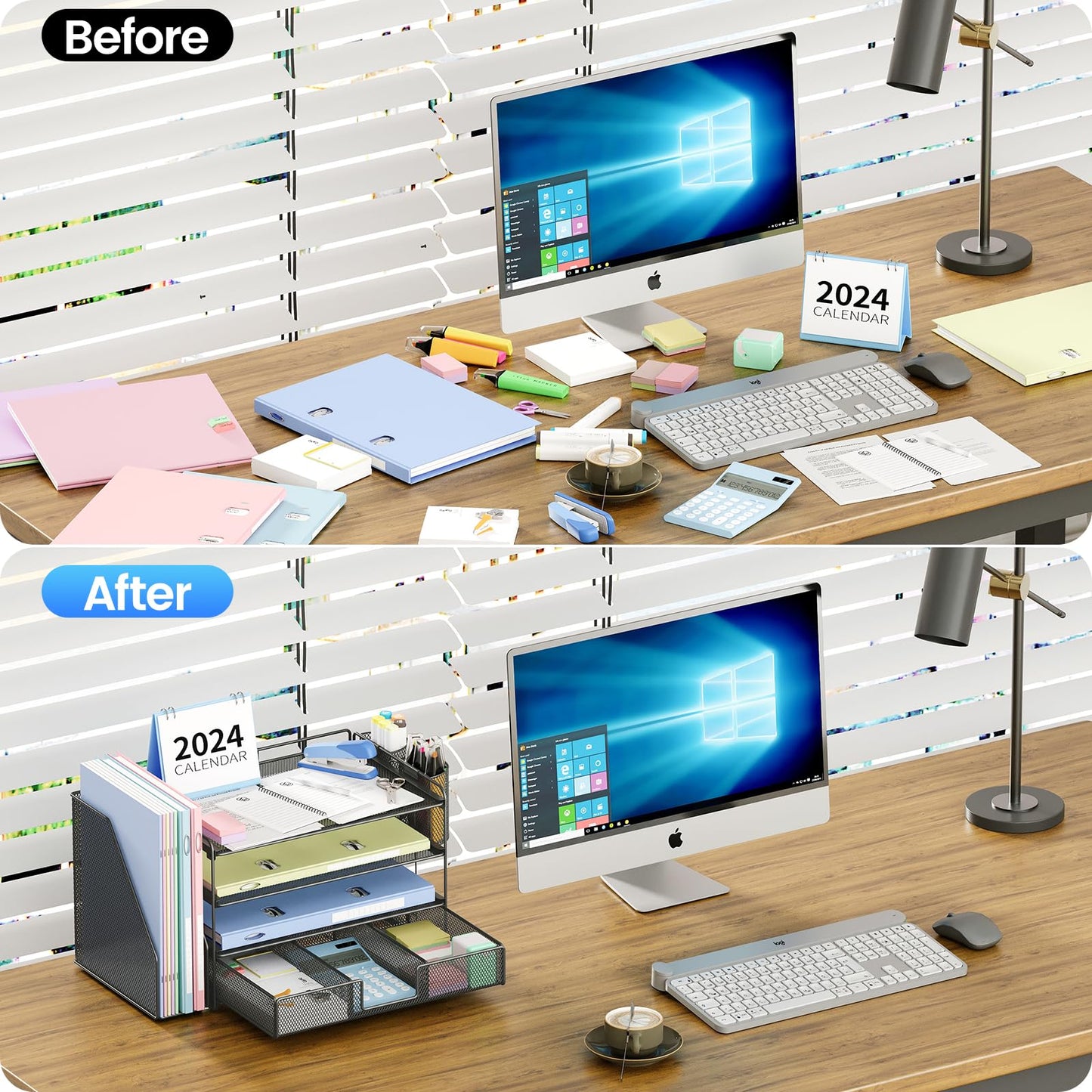 OPNICE Desk Organizer and Accessories, 4-Tier Desktop File Organizer with Drawer and 2 Pen Holders, Office Desk Accessories for Office Supplies(Black)