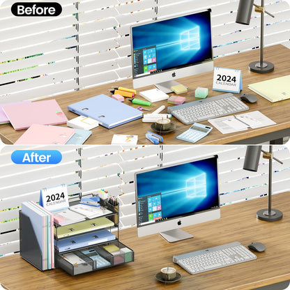 OPNICE Desk Organizer and Accessories, 4-Tier Desktop File Organizer with Drawer and 2 Pen Holders, Office Desk Accessories for Office Supplies(Black)