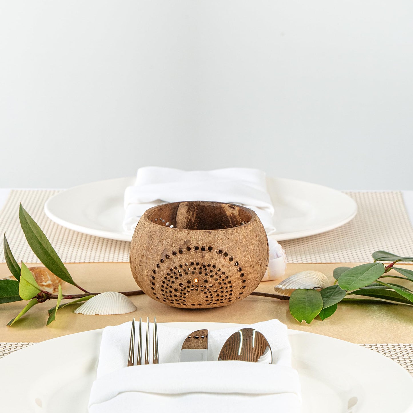 Restaurantware-Coco Casa 4 x 3.3 Inch Coconut Shell Candle Holders, 1 Reusable Tealight Holders - Candle Not Included, Rainbow Pattern, Tan Coconut Bowls for Candles, Handcrafted