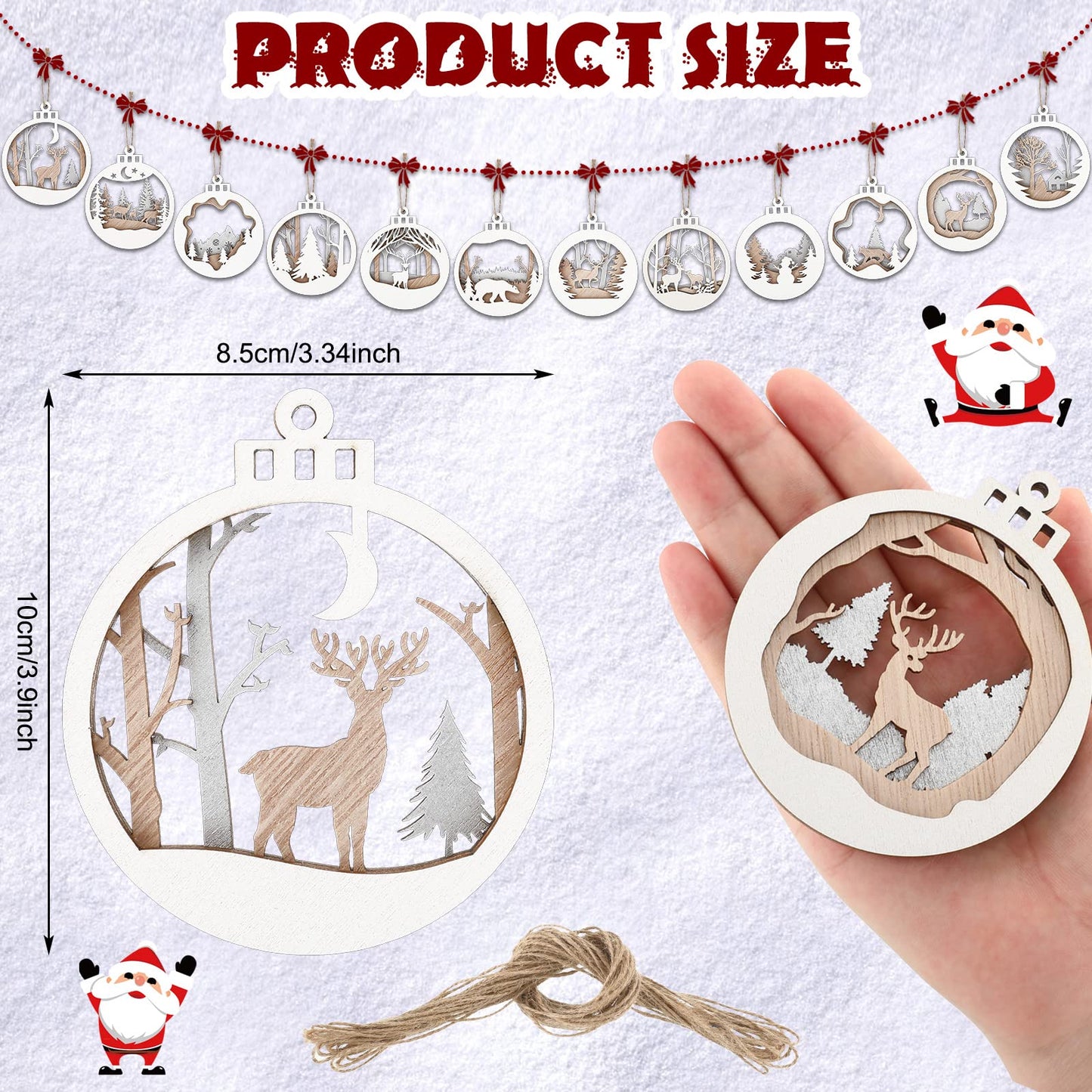 Spiareal 24 Pcs Wooden Christmas Ornaments Xmas Tree Decorations Wood Cutouts Reindeer Decoration Decorative Hanging Christmas Tree Ornaments, 12 Styles