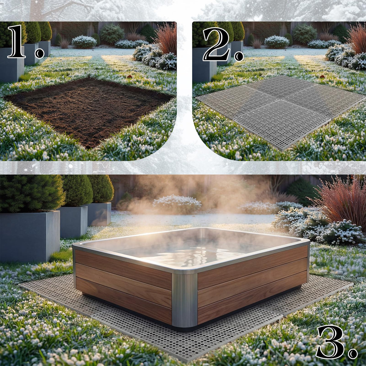 BreezeHug 4 Pack Outdoor Spa Foundation Base Pad (80" x 80"), Heavy Duty Interlocking Ground Platform for Inflatable Spas, Resin Tubs, Pools, Outdoor Equipment