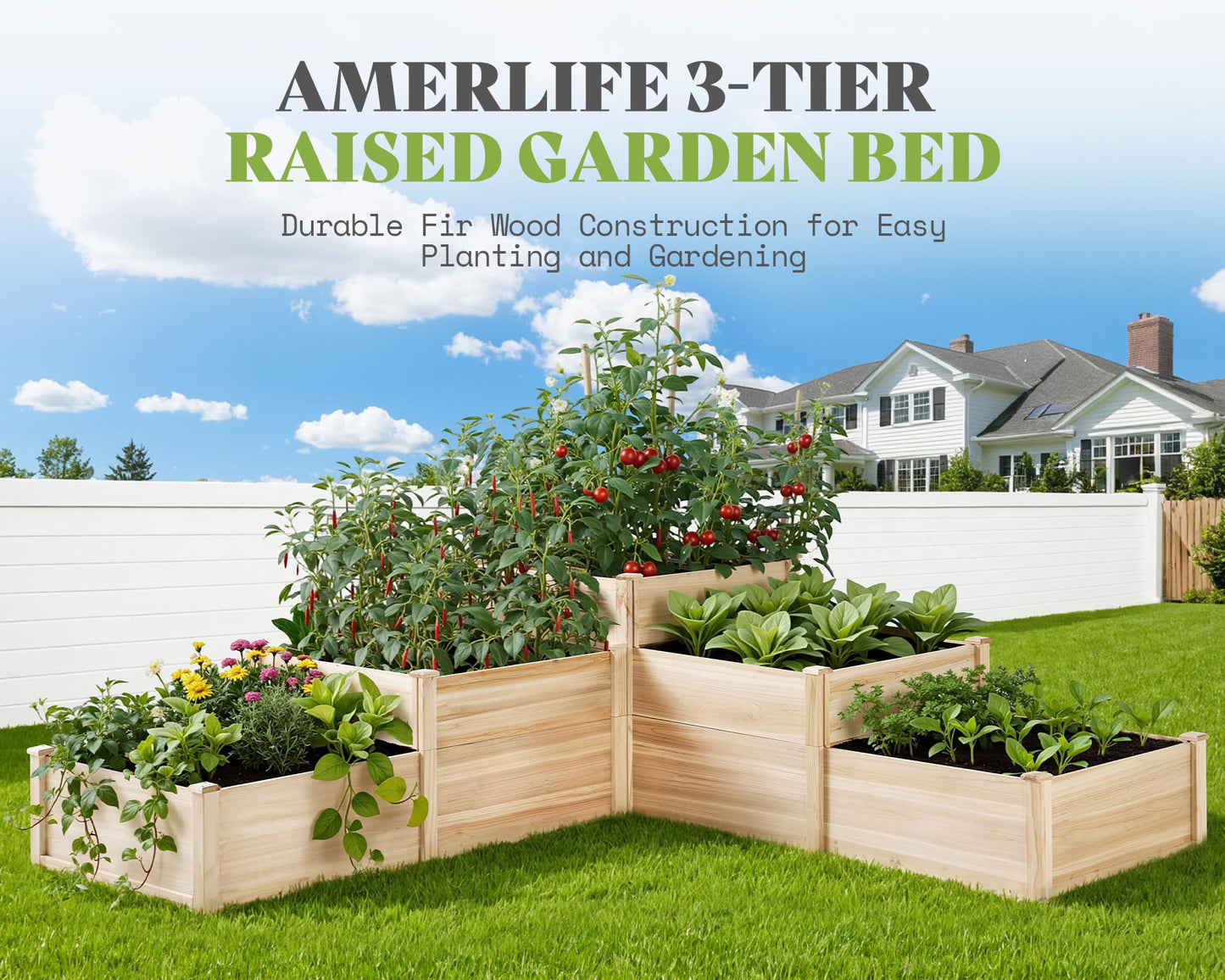 SPECRAFT Raised Garden Bed 3-Tier Outdoor Planter Box, Fir Wood with Dividers, Shape Adjustable, Tool-Free Assembly, Ideal for Growing Vegetables, Herbs & Flowers