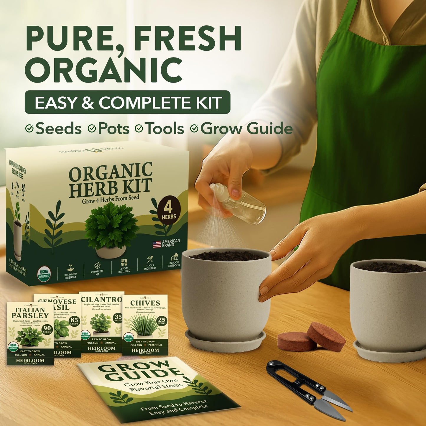 HOME GROWN Indoor Organic Herb Garden Kit, Unique Valentines Day Gift for Adults, Men, & Women,Grow 4 Herb Seeds for Kitchen Window Garden,Beginner DIY Hobby Gardening Gift for Plant Lovers, Mom & Dad