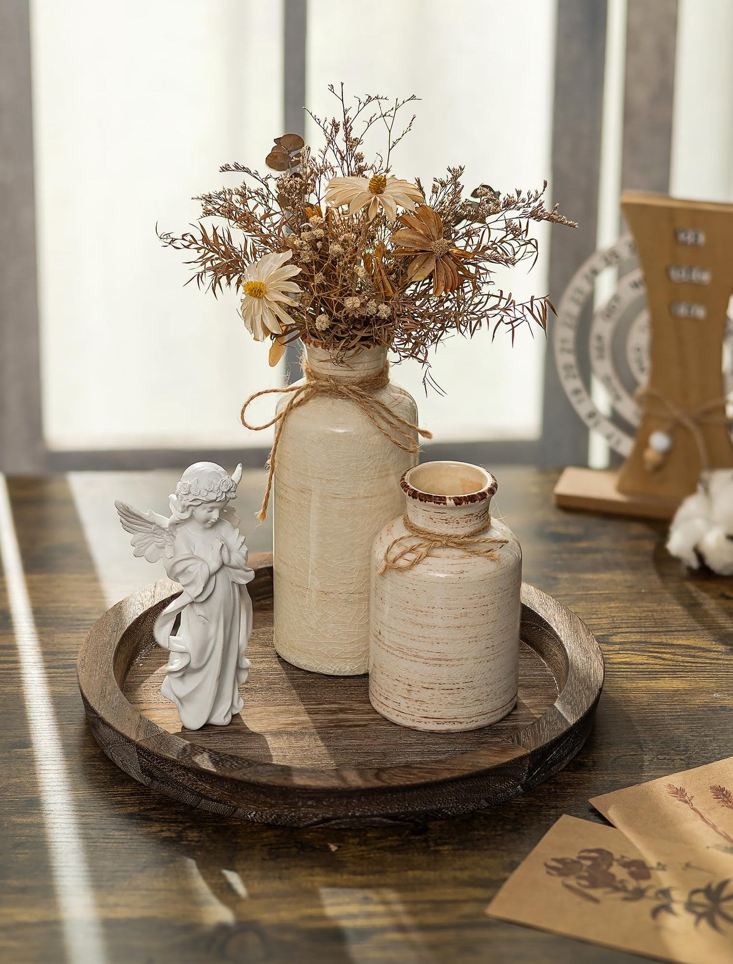 Hanobe Candle Plate Holder Tray: Round Wood Decorative Candle Plate - Rustic Farmhouse CoffeeTable Decor - Tealight Pillar Trays for Home Decor (Distressed)