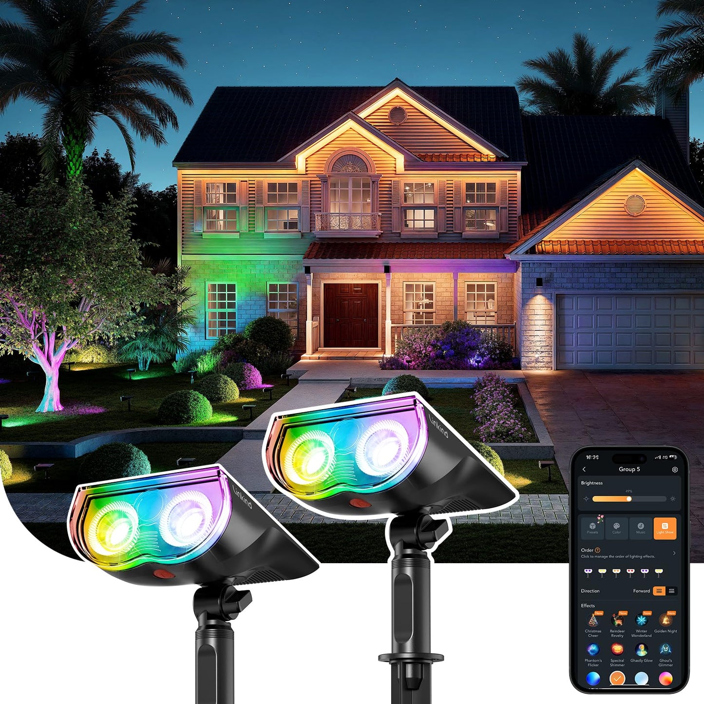 Linkind Smart Solar Spot Lights Outdoor SL5C, Solar Spotlight Waterproof Color Changing APP/Voice Control Landscape Lighting, IP67 Outdoor Lights for Yard, Garden, Pathway(2 Pack)