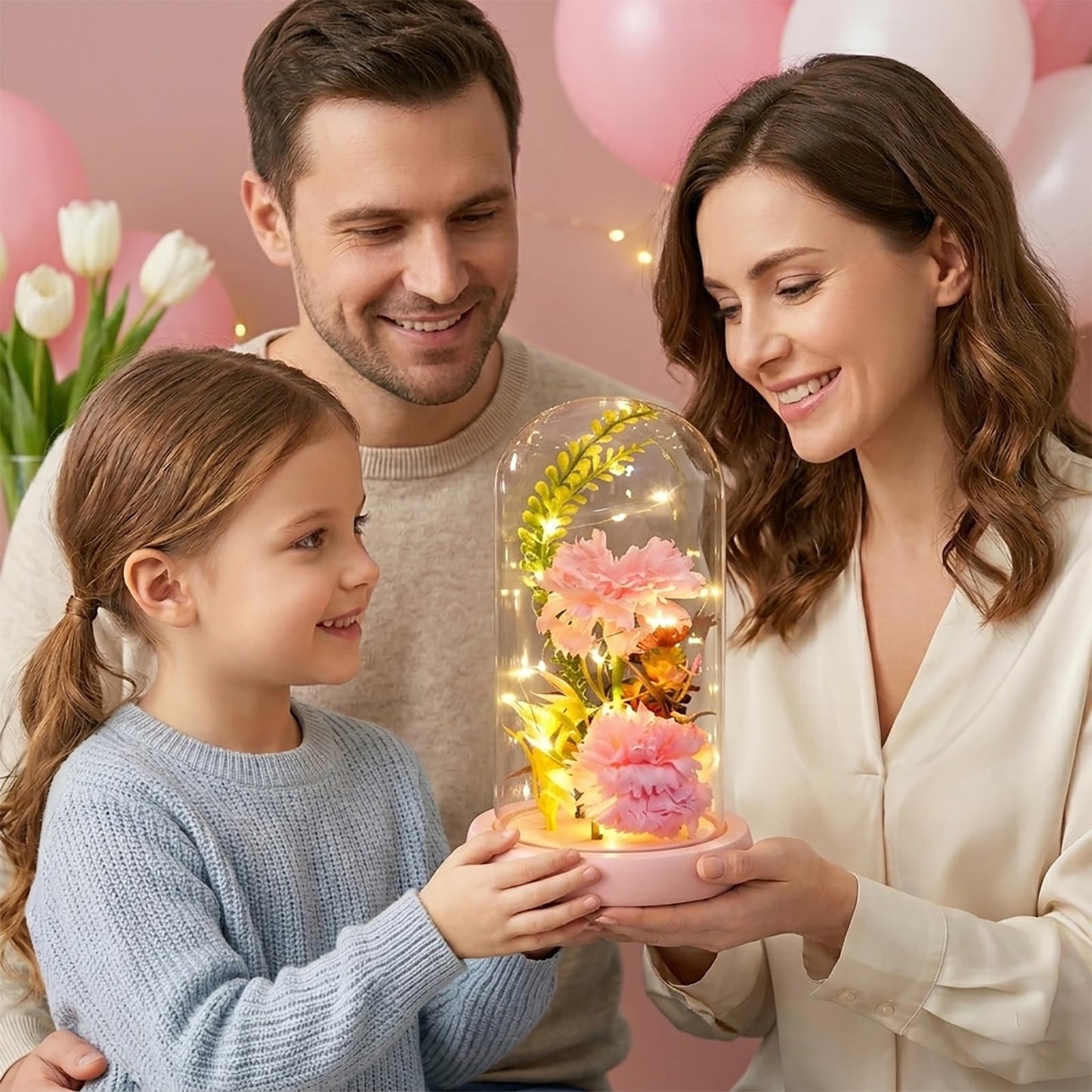 Strackvial Galaxy Glass Carnation Forever Preserved Flower with Light, Valentines Day Birthday Gift for Women, Mom, Wife, Girlfriend, Light Up Carnation in Glass Dome for Mothers Day