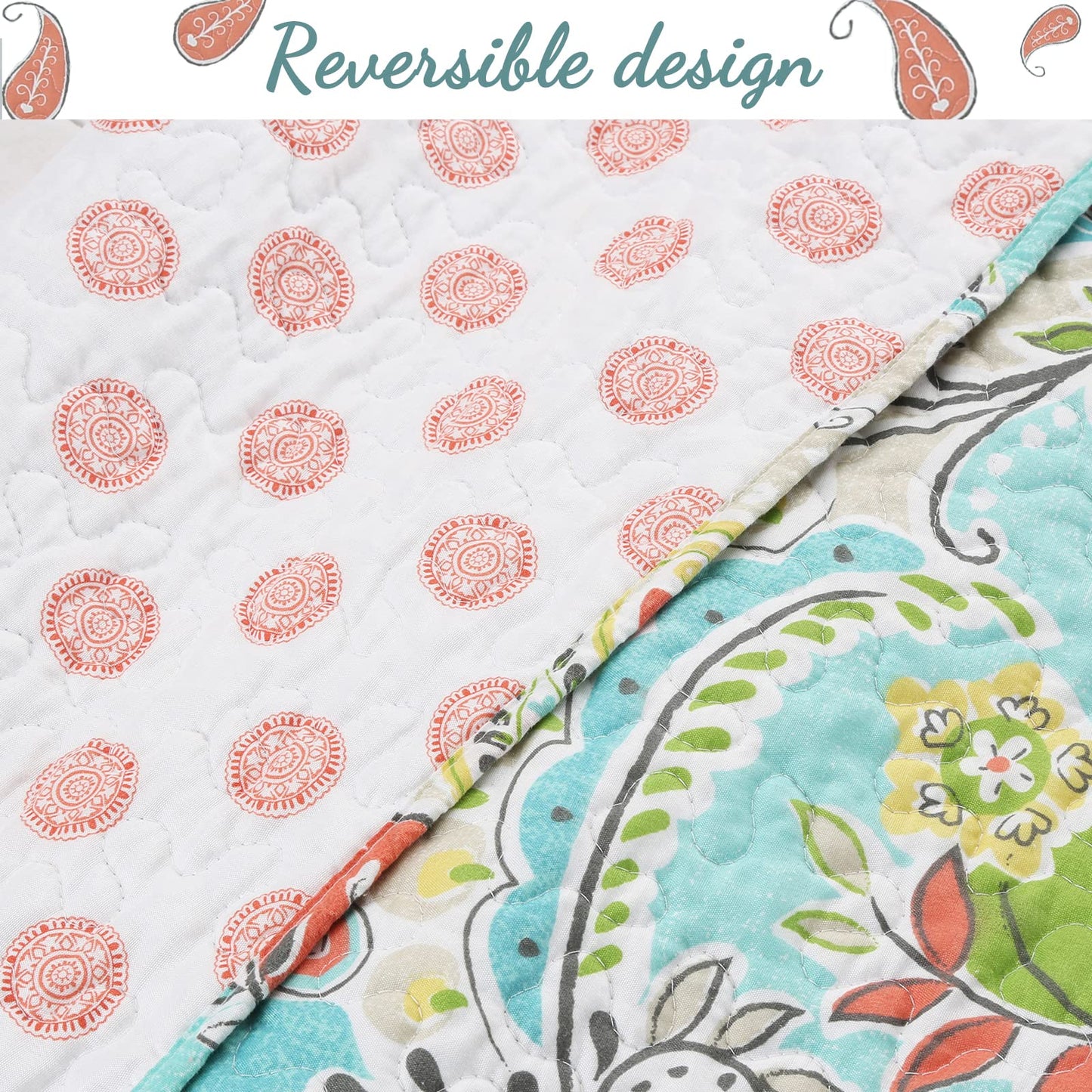 Cozy Line Home Fashions Turquoise Blue Coral Floral Leaf Reversible Quilt Bedding Set, Coverlet Bedspread Lightweight for All Seasons (Mirage Paisley, King - 3 Piece)
