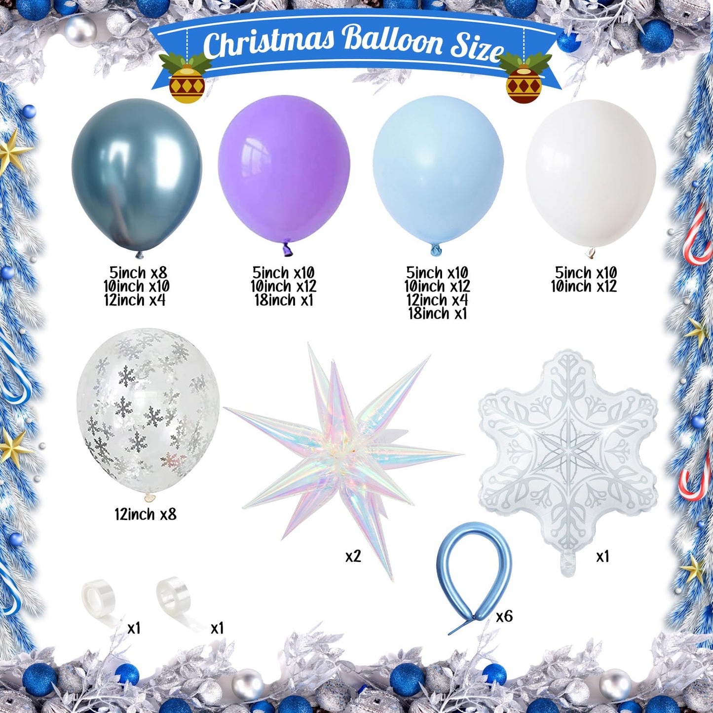 Winter Balloon Arch Garland Kit, Baby Pastel Metallic Blue Light Purple White Latex Balloons with Snowflake Exploding Star Foil Balloon for Winter Wonderland Xmas Ice Snow Birthday Party Decorations