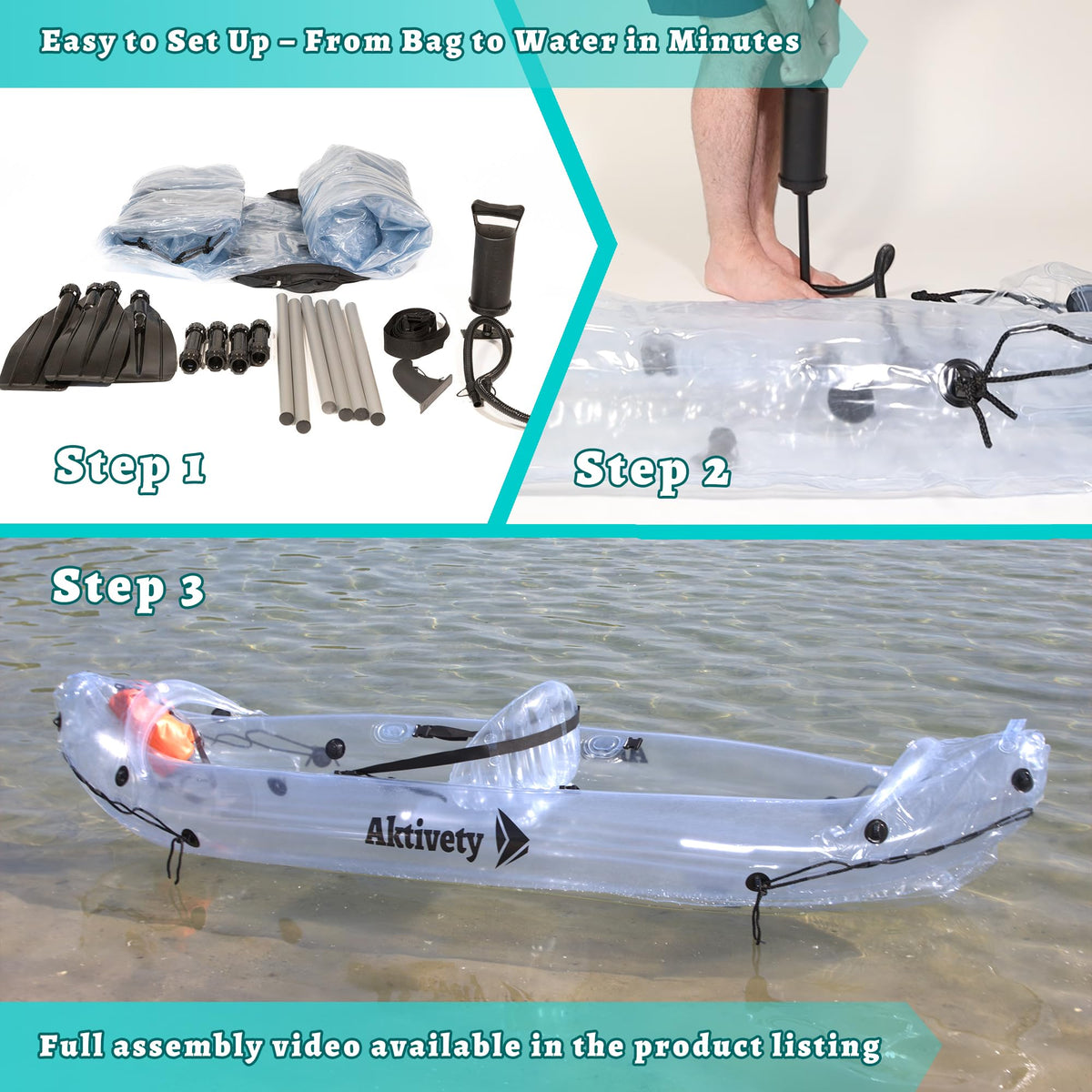 AKTIVETY - Clear Kayak - Transparent 2-Seater Inflatable Tandem for Two Adults - See-Through Style - Complete Set with Adjustable Seats, Pump, Paddles, Carry Bag & Tracking Fin