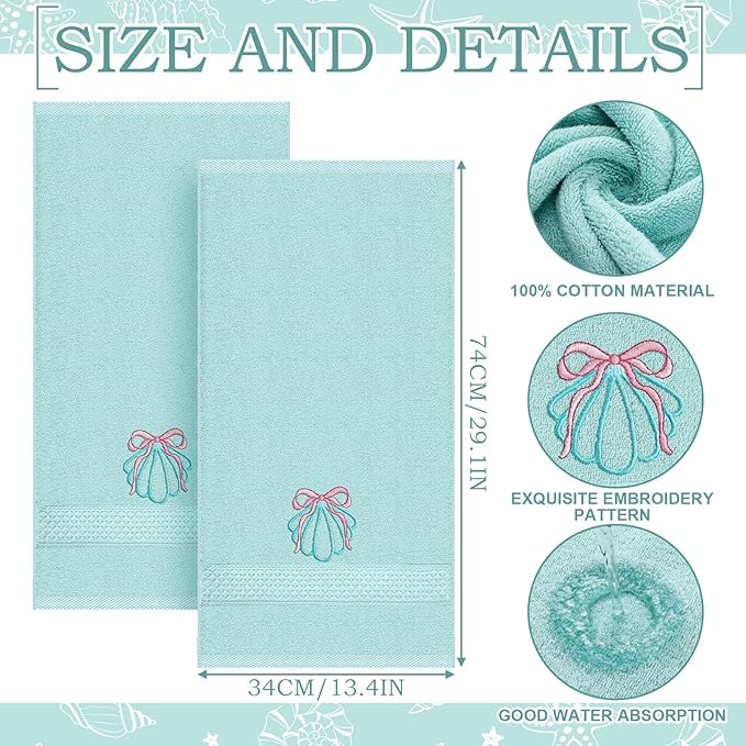 2 Pcs Shell Hand Towels Mint Blue Bathroom Decor 14x29 Inch Embroidered 100%