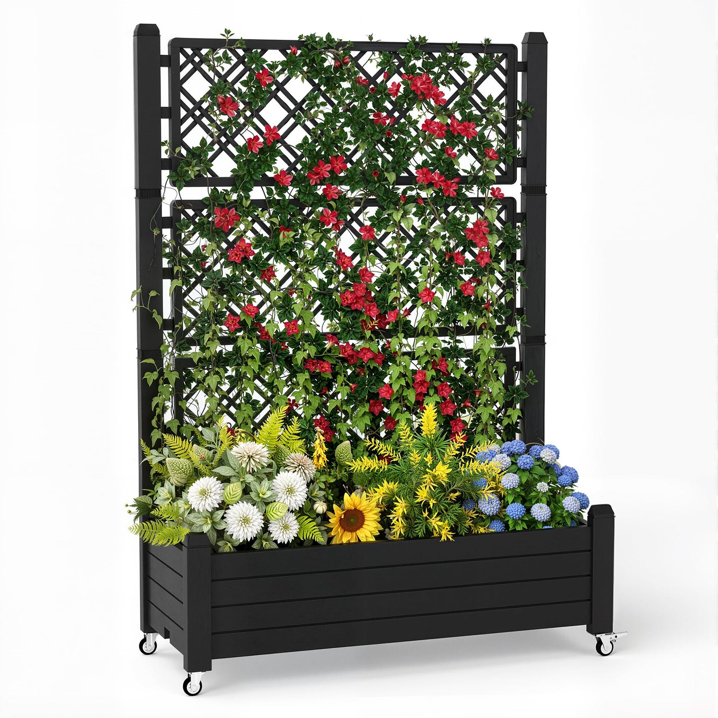 PatioZen Raised Garden Bed with Trellis, 21 Gallon Self Watering Planter Box with Lockable Wheels & Drainage Holes for Climbing Plants Vegetables Flowers, Anti-Rust Resin for Backyard Patio (Black)