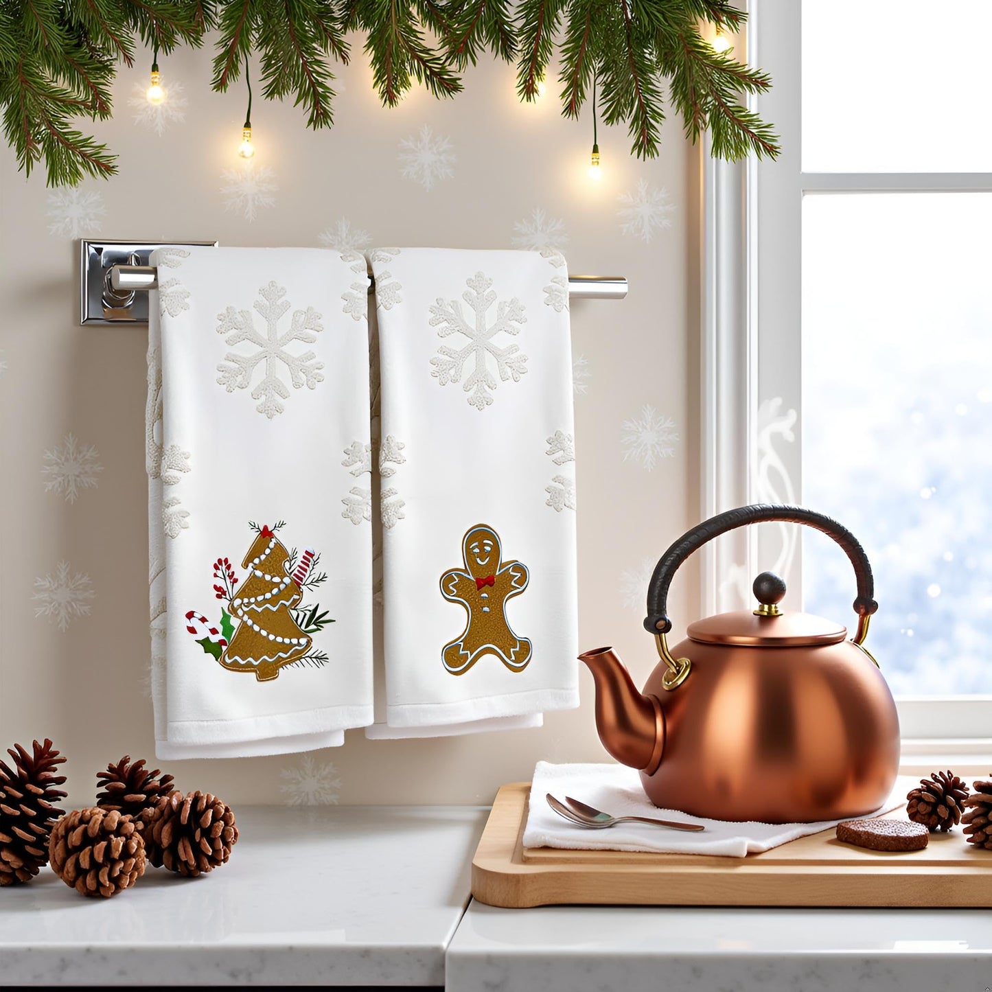 2 Pack Christmas Gingerbread Hand Towels 100% Cotton Jacquard Snowflake Embroidered Candy holiday Kitchen dish Towels Retro Neutral Beige Bathroom Towels Set gift Seasonal Xmas Winter Bathroom Decor