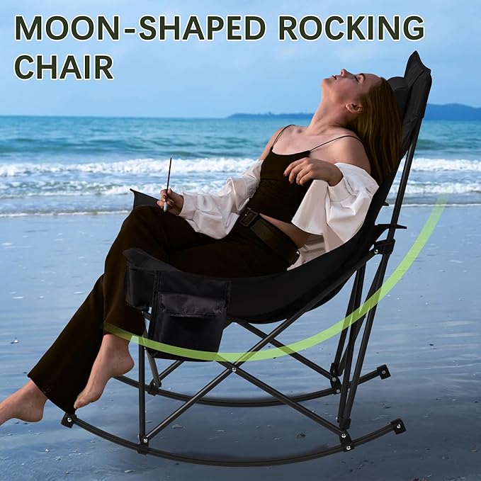 Oversized Rocking Camping Chair with Headrest & Cup Holder - 400lbs Capacity, 600D Oxford Fabric, Easy Fold Portable Outdoor Rocker Chair for Camping, Backyard, Beach, Deep Gray