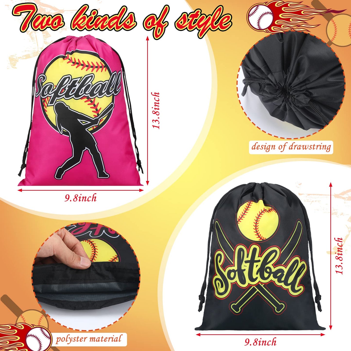 Kingdder 12 Pcs Softball Drawstring Party Favor Bags Softball Treat Bags Baseball Gift Bag for Baseball Party(Pink)