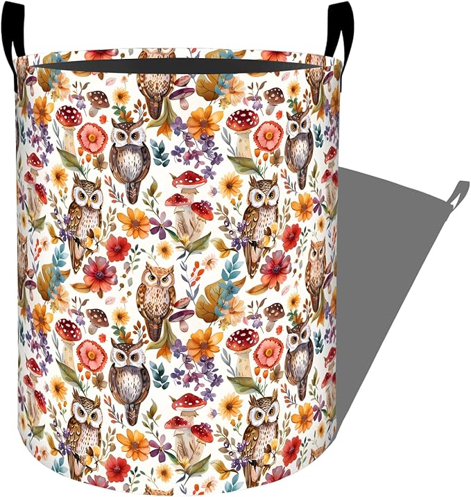 Charming Owl with Mushroom and Floral Laundry Basket with Handles, 19.7"x15.7"