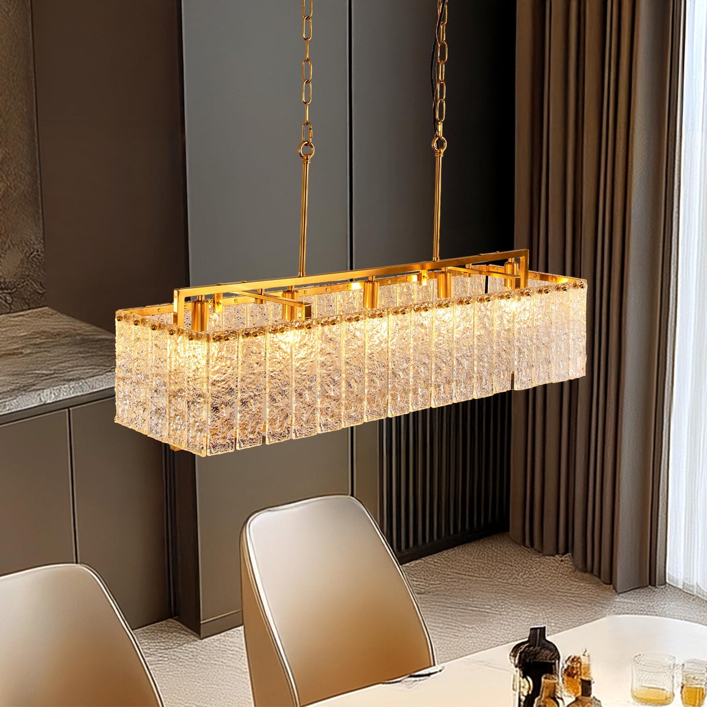 HSMKL Modern Rectangular Crystal Chandelier for Dining Room Gold Rectangle Water Ripple Glass Pendant Ceiling Light 5-Lights Hanging Light Fixture for Living Room Kitchen Island L39" x W11.8" x H11"