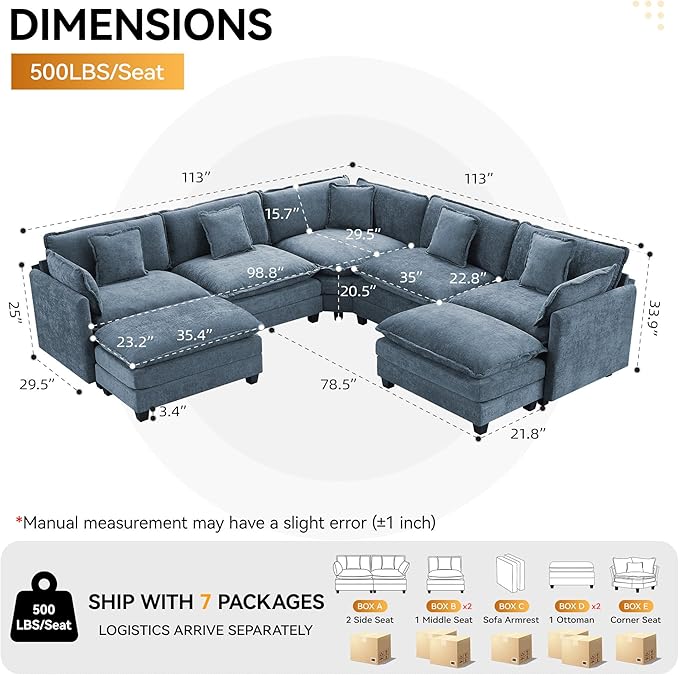 113'' V Shaped Cloud Sectional Sofa, Oversized Deep Seat Couches