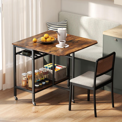 Giantex Folding Dining Table with 5 Wheels, Extendable Bar Tables with Wine Rack and Storage Shelf, Heavy-Duty Metal Frame, Space-Saving Kitchen Table for Small Spaces, Living Room, Apartment, Office