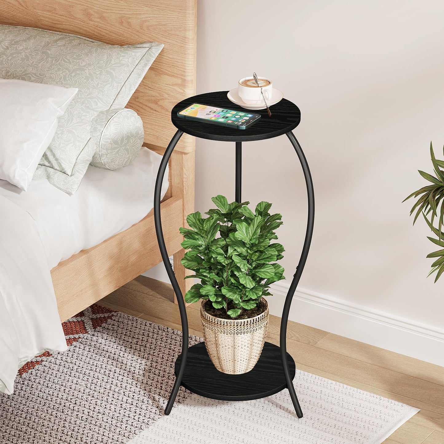 VYUOL Plant Stand Indoor, 2 Tier Round Tall Plant Stand, Flower Pot Stand, Plant Shelf Rack, Corner Plant Stand for Planter Garden Balcony Patio Living Room, Black