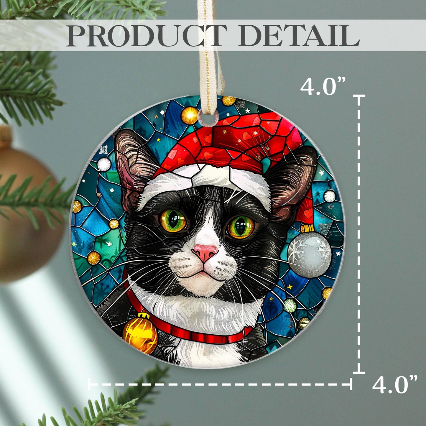 Fastpeace Tuxedo Cat Christmas Ornament with Santa Hat – Stained Glass Style Tree Decoration – Cute Hanging Gift for Cat Lovers, Friends, and Family