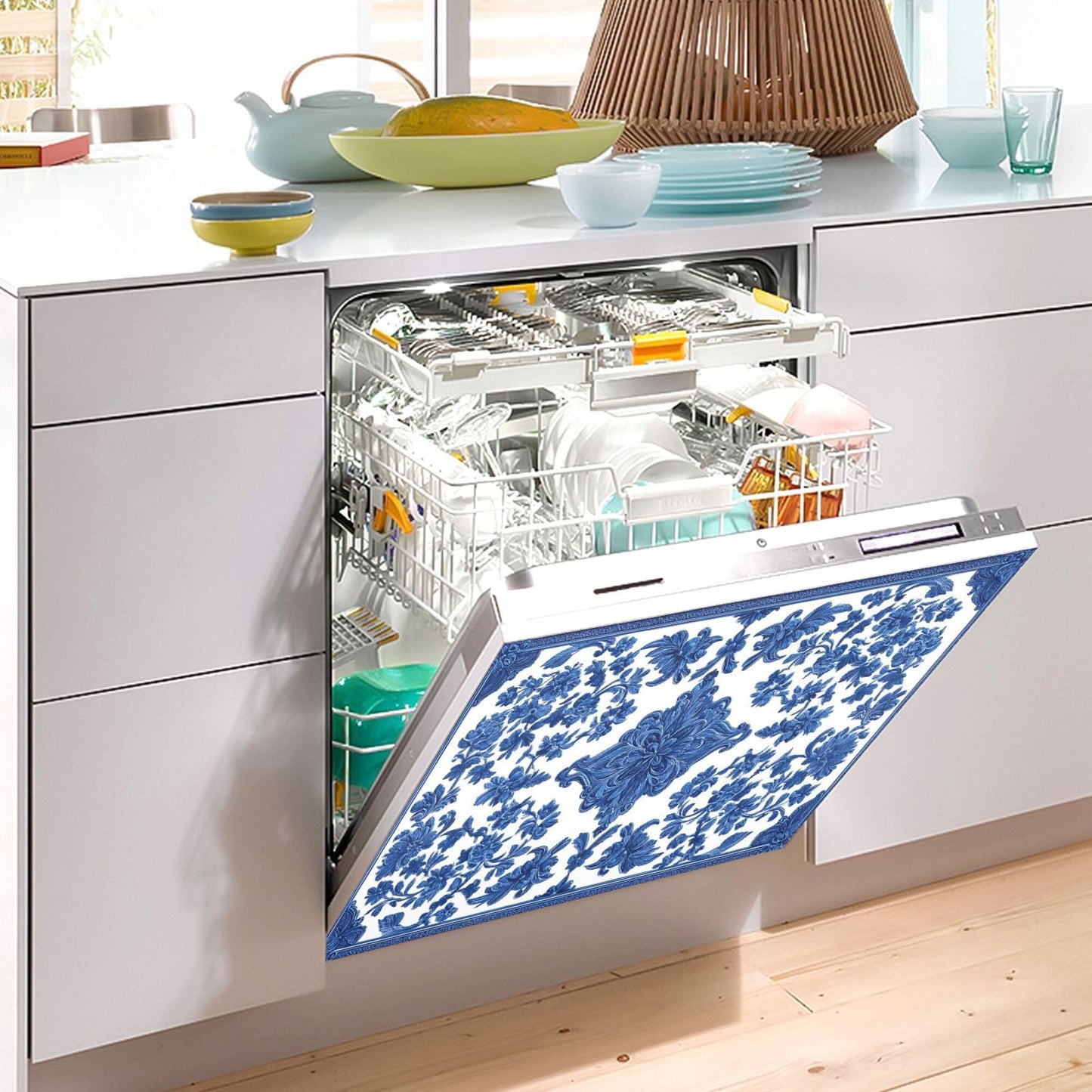Blue White Porcelain Dishwasher Stickers Magnetic Cover Floral Leaves Kitchen Fridge Magnet Covers Decals Home Decorations Vinyl Sticker Reusable 23W x 26H inches