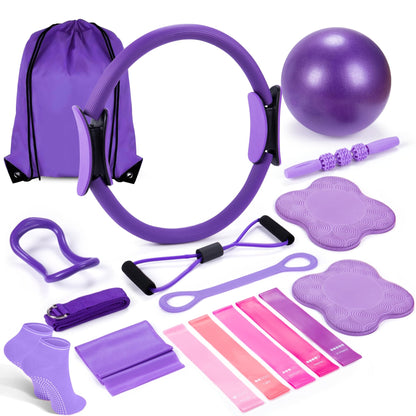 14" Pilates Ring Circle Fitness Set of 17 Equipment Accessories Workouts Includes Pilates Ball Magic Circle Yoga Ring Knee Pads and Resistance Bands for Women Set Gift for Women Weight Loss (Purple)