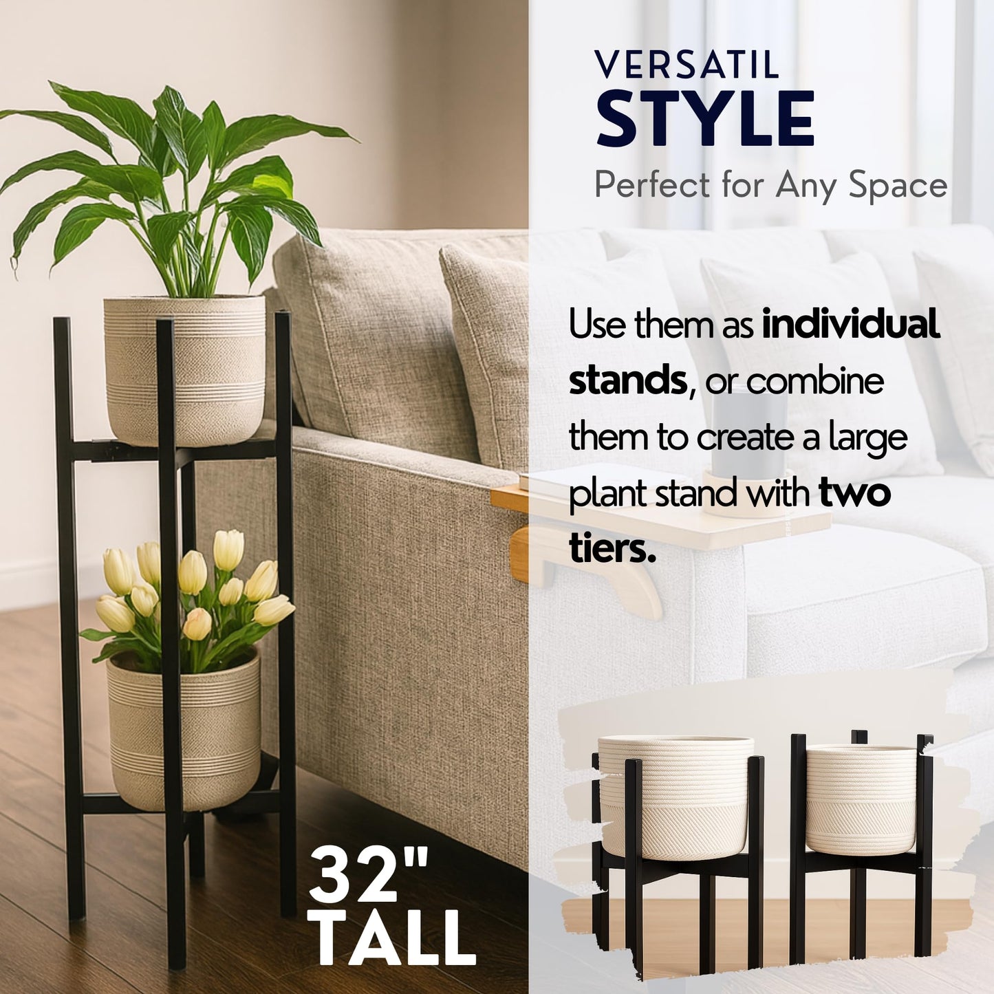 Adjustable 2-Tier Metal Plant Stand Indoor Outdoor- Set of 2 stackable plant shelfs. Heavy Duty Plant stands outdoor rustproof. Flower stand suitable for 8–12 Inch Pots by iSpaces
