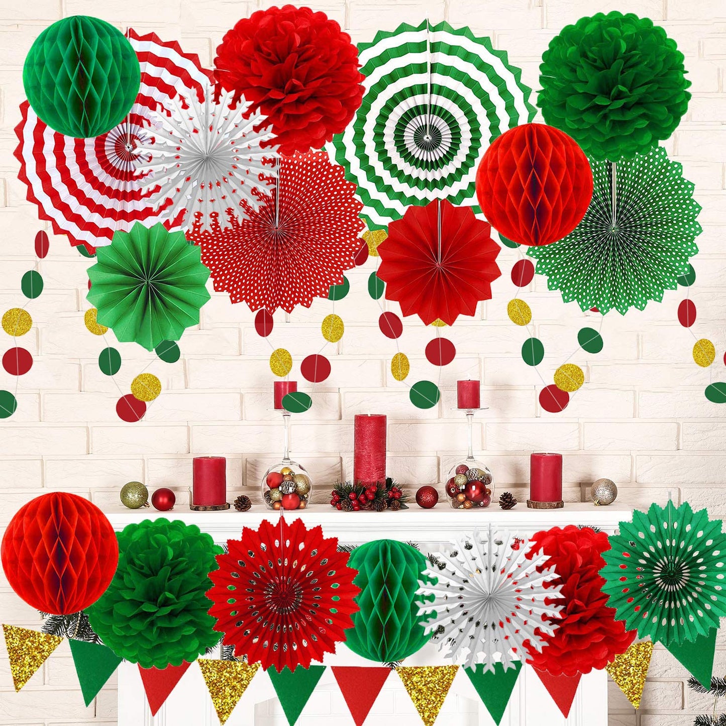 Christmas Party Decorations Paper Fans,Garlands String Circle Dot,Triangle Bunting Flags, Honeycomb Ball,Paper Tissue Pom Poms,Party Supplies for Christmas Birthday Wedding Baby Shower