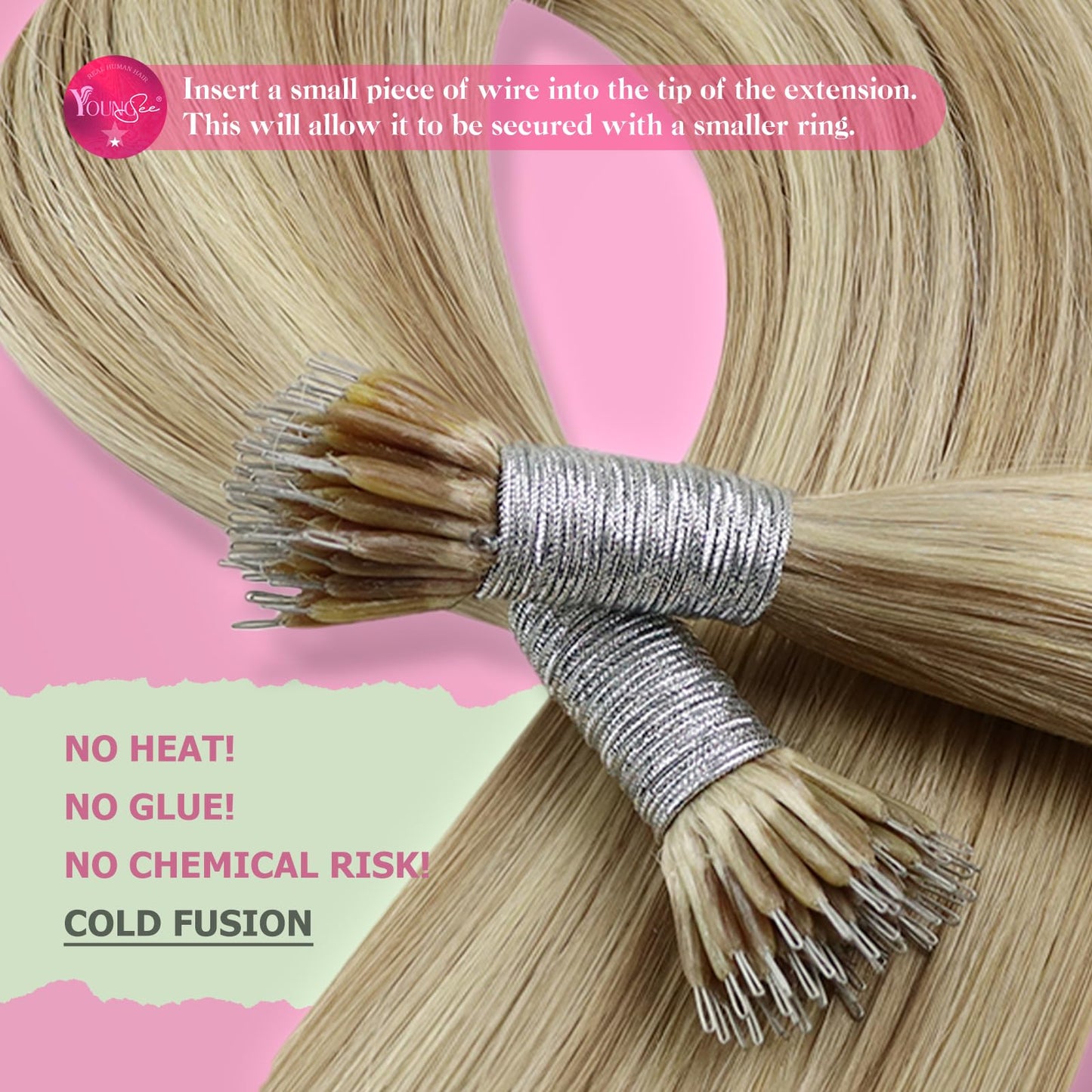 YoungSee Nano Beads Hair Extensions Blonde 14inch Nano Hair Extensions Warm Ash Blonde Highlights Bleach Blonde Nano Ring Hair Extension Highlight for Women Cold Fusion Short Straight 50s 50g