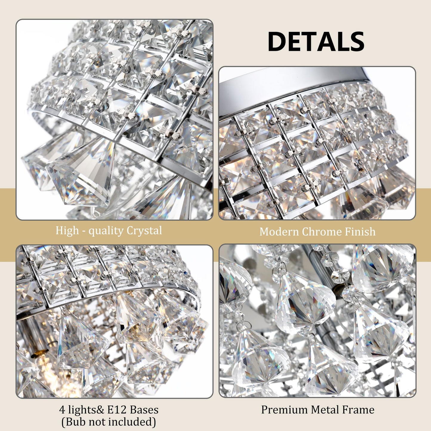 Maxax 4 Lights Crystal Chandelier, Modern Drum Ceiling Light Fixture Lamp, Raindrop Flush Mount Round Metal Shade, for Dining Room, Living Room, Bathroom, Bedroom, Chrome