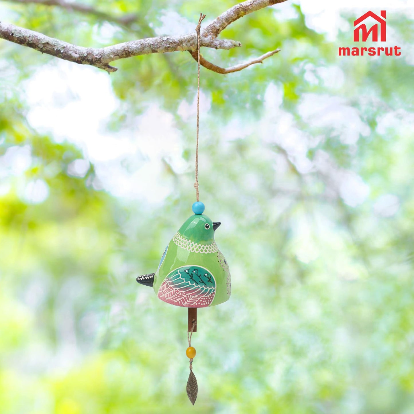 Bird Song Bell Wind Chime, Ceramic Cardinal Fashion Hanging Windchimes for Rustic Music Garden Backyard Church Decoration Porch Outside Outdoor Festival Memorial Gift Witness Friendship (Green)