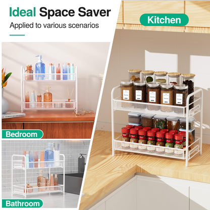 Spice Rack Organizer for Countertop,Xpatee 2-Tier Foldable Metal Rust-Proof Standing Large Seasoning Storage Shelf with Guardrail and Mesh Design for Kitchen Cabinet Bathroom Living Room Pantry, Black