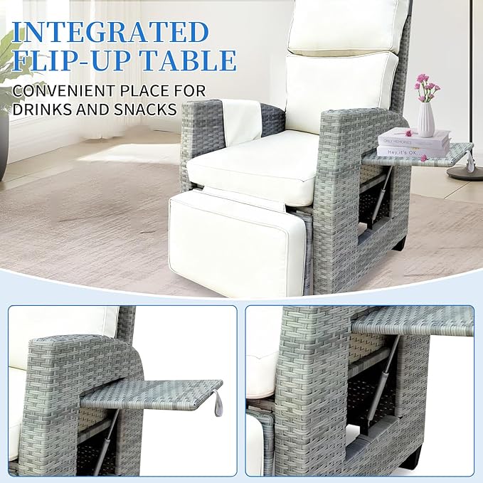 Outdoor Wicker Recliner Chair, 145° Patio Lounge Chair with 4" Cushion, Adjustable Backrest & Footrest, Flip-up Table & Side Pocket for Backyard, Deck, Balcony, Terrace, Poolside